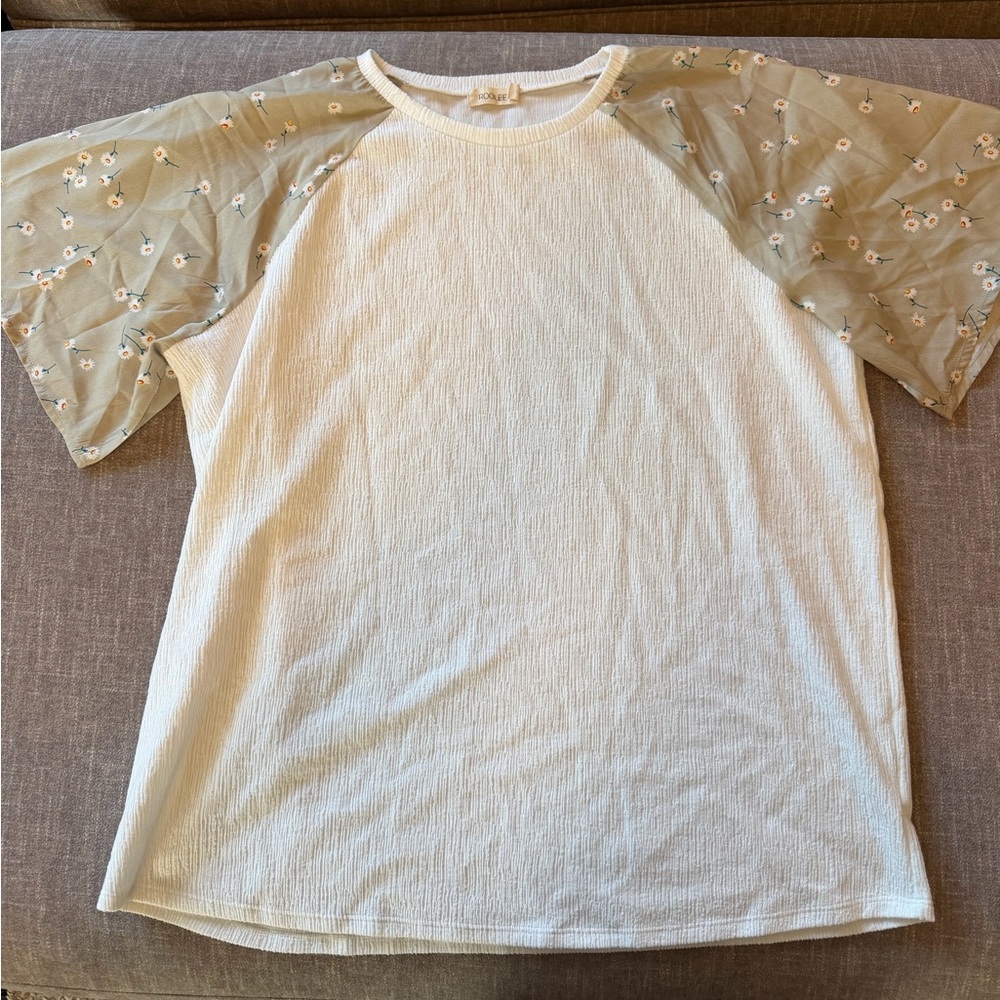 Roolee White Top with Floral Sleeve